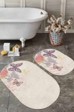 - RealHomes - Realhomes  Krem Zemin Kelebek Motifli 2'li Oval Kaymaz Tabanlı Banyo & Mutfak Paspas Takımı Realhomes