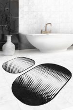 - RealHomes - Realhomes  Siyah Beyaz Akustik Gradyan Geçişli 2'li Oval Kaymaz Tabanlı Banyo & Mutfak Paspas Takımı Realhomes