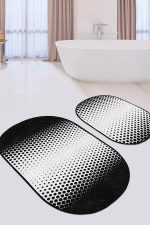 - RealHomes - Realhomes  Siyah Beyaz Akustik Gradyan Geçişli 2'li Oval Kaymaz Tabanlı Banyo & Mutfak Paspas Takımı Realhomes