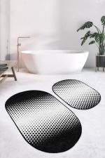 - RealHomes - Realhomes  Siyah Beyaz Akustik Gradyan Geçişli 2'li Oval Kaymaz Tabanlı Banyo & Mutfak Paspas Takımı Realhomes
