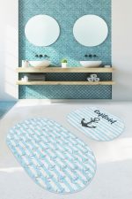 - RealHomes - Realhomes Denizci Temalı Çapa Tasarımlı 2'li Oval Kaymaz Tabanlı Banyo & Mutfak Paspas Takımı Realhomes