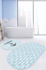 - RealHomes - Realhomes Denizci Temalı Çapa Tasarımlı 2'li Oval Kaymaz Tabanlı Banyo & Mutfak Paspas Takımı Realhomes