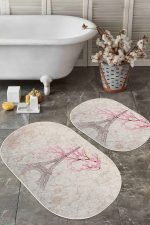 Kahve Zemin Eyfel Kulesi Tasarımlı 2'li Oval Kaymaz Tabanlı Banyo & Mutfak Paspas Takımı Realhomes