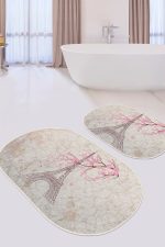 Kahve Zemin Eyfel Kulesi Tasarımlı 2'li Oval Kaymaz Tabanlı Banyo & Mutfak Paspas Takımı Realhomes