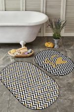 - RealHomes - Realhomes  Siyah Beyaz Zigzag Gold Detaylı Love Temalı 2'li Oval Kaymaz Tabanlı Banyo & Mutfak Paspas Takımı Realhomes