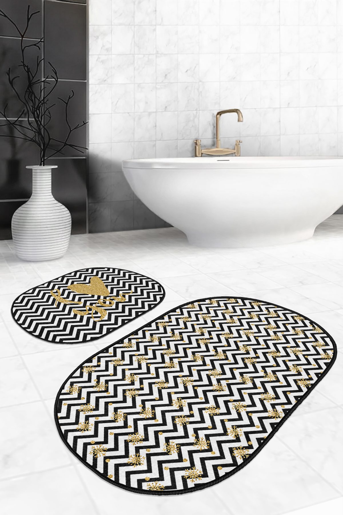 Siyah Beyaz Zigzag Gold Detaylı Love Temalı 2'li Oval Kaymaz Tabanlı Banyo & Mutfak Paspas Takımı Realhomes