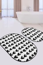 - RealHomes - Realhomes  Siyah Beyaz Kalp Motifli 2'li Oval Kaymaz Tabanlı Banyo & Mutfak Paspas Takımı Realhomes