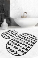- RealHomes - Realhomes  Siyah Beyaz Kalp Motifli 2'li Oval Kaymaz Tabanlı Banyo & Mutfak Paspas Takımı Realhomes