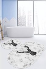 - RealHomes - Realhomes  Mermer Zemin Siyah Geyik Özel Tasarımlı 2'li Oval Kaymaz Tabanlı Banyo & Mutfak Paspas Takımı Realhomes