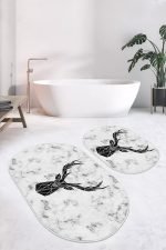 - RealHomes - Realhomes  Mermer Zemin Siyah Geyik Özel Tasarımlı 2'li Oval Kaymaz Tabanlı Banyo & Mutfak Paspas Takımı Realhomes