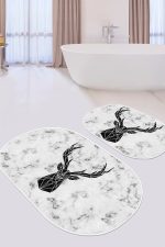 - RealHomes - Realhomes  Mermer Zemin Siyah Geyik Özel Tasarımlı 2'li Oval Kaymaz Tabanlı Banyo & Mutfak Paspas Takımı Realhomes