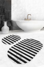 - RealHomes - Realhomes  Siyah Beyaz Mermer Motifli Dijital Baskılı 2'li Oval Kaymaz Tabanlı Banyo & Mutfak Paspas Takımı Realhomes