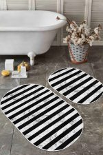 - RealHomes - Realhomes  Siyah Beyaz Mermer Motifli Dijital Baskılı 2'li Oval Kaymaz Tabanlı Banyo & Mutfak Paspas Takımı Realhomes