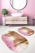 - RealHomes - Realhomes Eflatun Sevgi Yolu Özel Tasarımlı 2'li Oval Kaymaz Tabanlı Banyo & Mutfak Paspas Takımı Realhomes