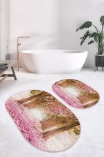 - RealHomes - Realhomes Eflatun Sevgi Yolu Özel Tasarımlı 2'li Oval Kaymaz Tabanlı Banyo & Mutfak Paspas Takımı Realhomes