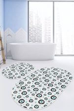 - RealHomes - Realhomes Nazar Boncuklı Dijital Baskılı 2'li Oval Kaymaz Tabanlı Banyo & Mutfak Paspas Takımı Realhomes