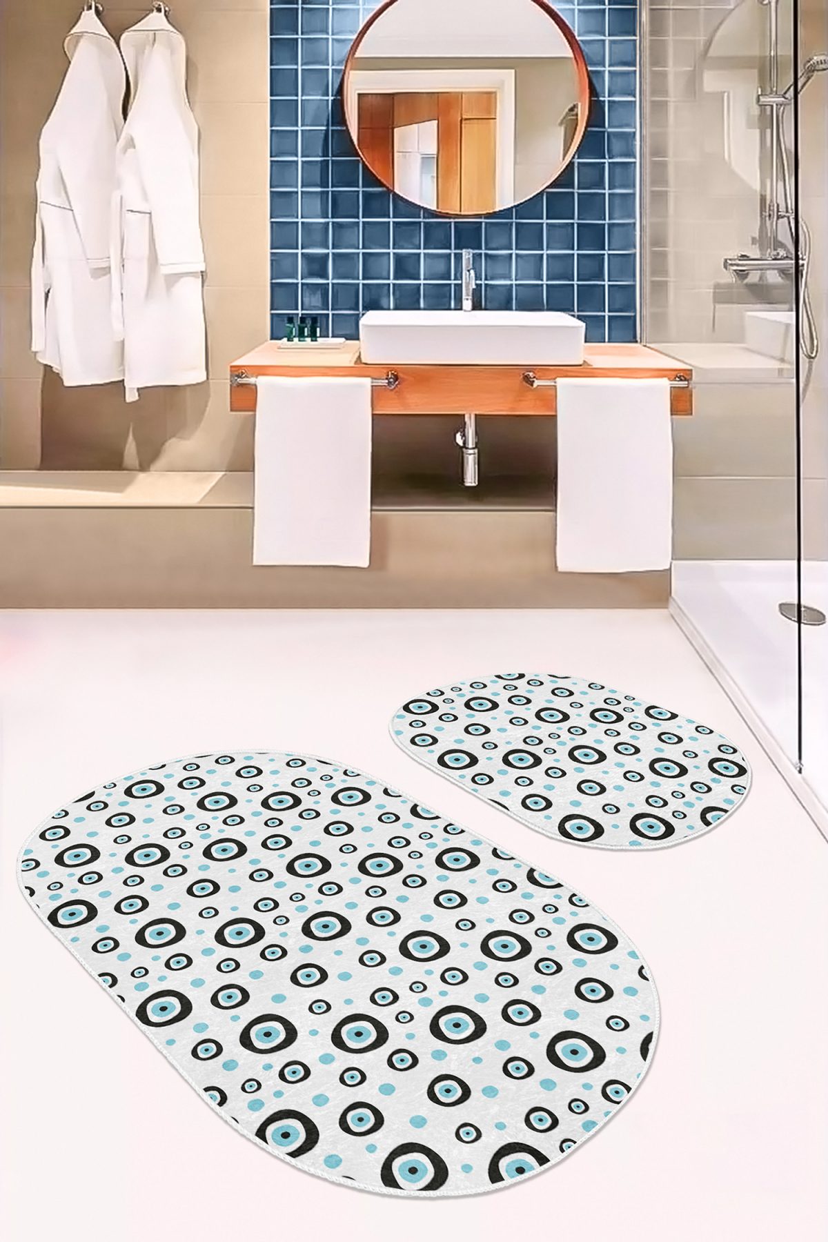 Nazar Boncuklı Dijital Baskılı 2'li Oval Kaymaz Tabanlı Banyo & Mutfak Paspas Takımı Realhomes