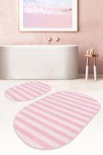 - RealHomes - Realhomes Pembe Çizgili Özel Tasarım 2'li Oval Kaymaz Tabanlı Banyo & Mutfak Paspas Takımı Realhomes