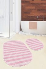 - RealHomes - Realhomes Pembe Çizgili Özel Tasarım 2'li Oval Kaymaz Tabanlı Banyo & Mutfak Paspas Takımı Realhomes