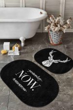 - RealHomes - Realhomes  Siyah Zemin Geyik Y.N.T. Tasarımlı 2'li Oval Kaymaz Tabanlı Banyo & Mutfak Paspas Takımı Realhomes