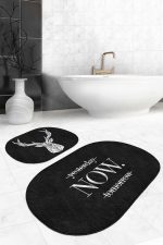 - RealHomes - Realhomes  Siyah Zemin Geyik Y.N.T. Tasarımlı 2'li Oval Kaymaz Tabanlı Banyo & Mutfak Paspas Takımı Realhomes