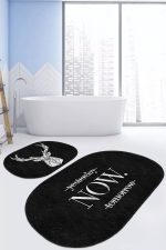 - RealHomes - Realhomes  Siyah Zemin Geyik Y.N.T. Tasarımlı 2'li Oval Kaymaz Tabanlı Banyo & Mutfak Paspas Takımı Realhomes