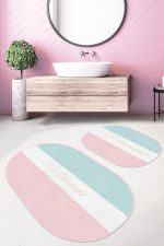 - RealHomes - Realhomes Soft Renkli Hello Beatiful Temalı 2'li Oval Kaymaz Tabanlı Banyo & Mutfak Paspas Takımı Realhomes