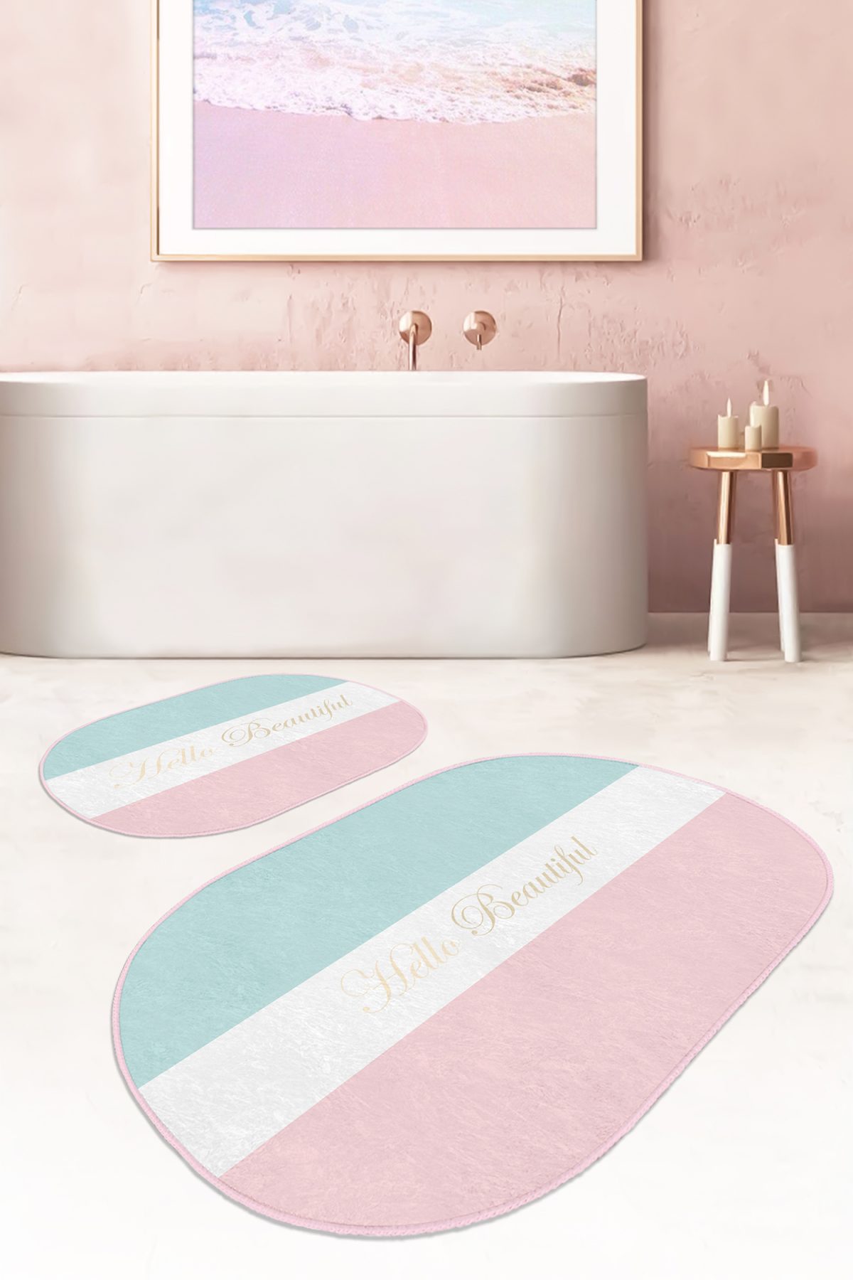 Soft Renkli Hello Beatiful Temalı 2'li Oval Kaymaz Tabanlı Banyo & Mutfak Paspas Takımı Realhomes