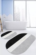 Pastel Renkli Hello Beatiful Temalı 2'li Oval Kaymaz Tabanlı Banyo & Mutfak Paspas Takımı Realhomes