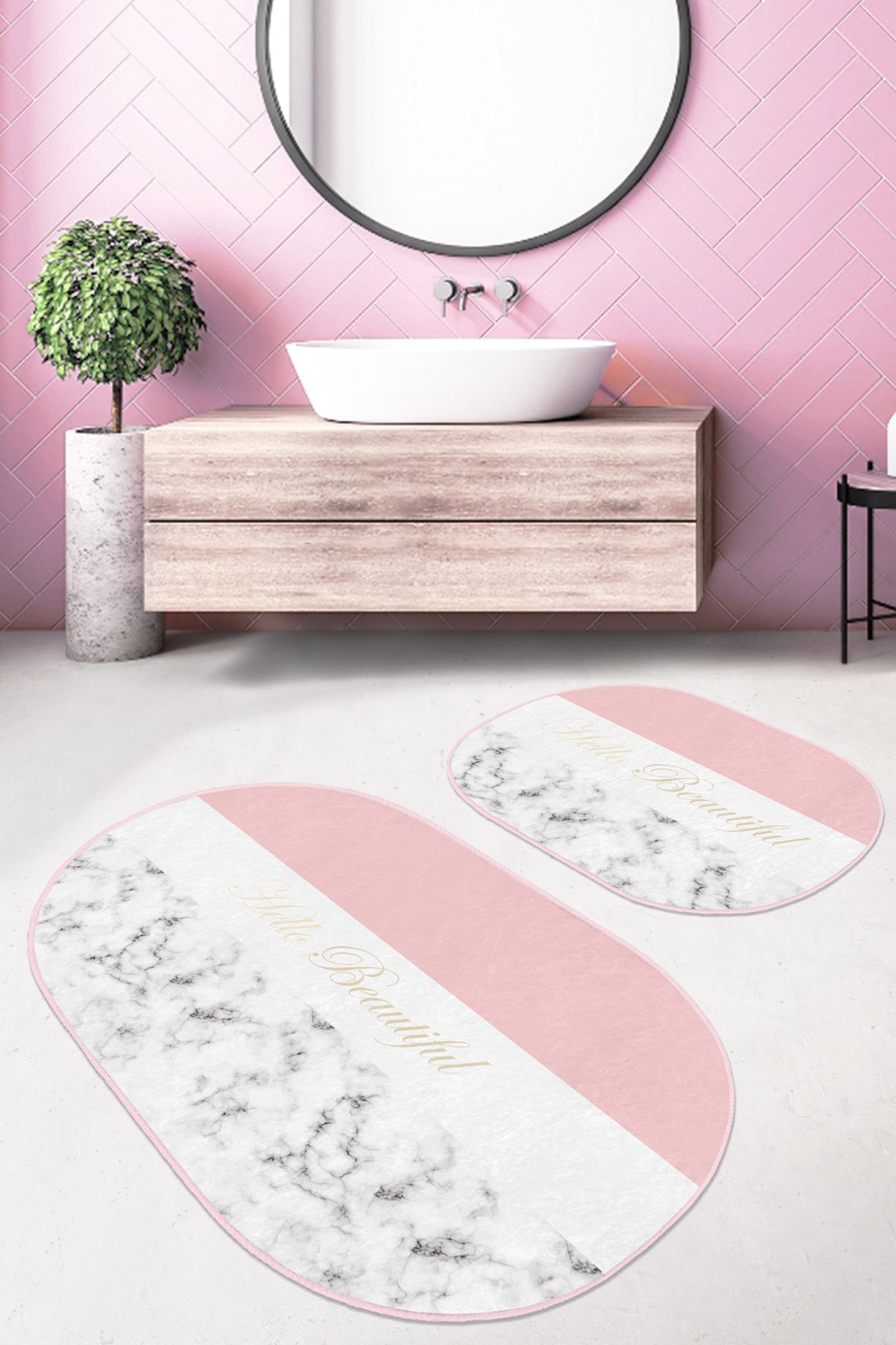 Soft Renkli Hello Beatiful Motifli 2'li Oval Kaymaz Tabanlı Banyo & Mutfak Paspas Takımı Realhomes