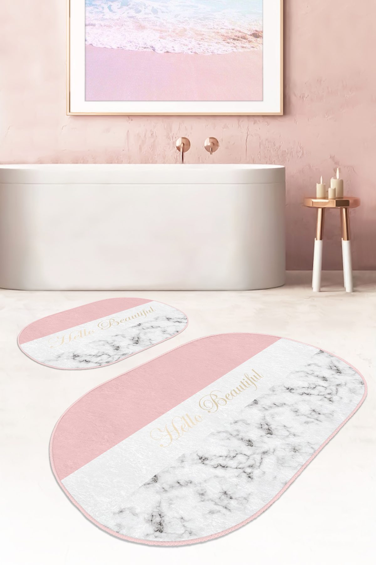Soft Renkli Hello Beatiful Motifli 2'li Oval Kaymaz Tabanlı Banyo & Mutfak Paspas Takımı Realhomes