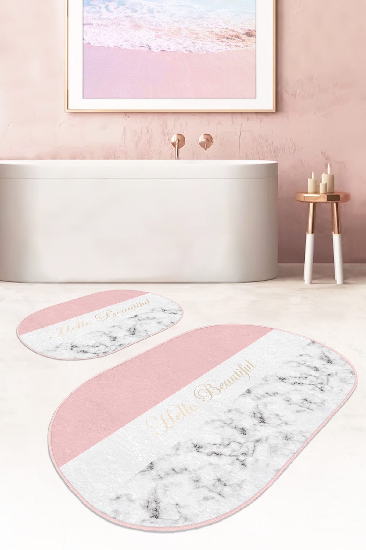 Soft Renkli Hello Beatiful Motifli 2'li Oval Kaymaz Tabanlı Banyo & Mutfak Paspas Takımı Realhomes