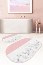 - RealHomes - Realhomes  Soft Renkli Hello Beatiful Motifli 2'li Oval Kaymaz Tabanlı Banyo & Mutfak Paspas Takımı Realhomes