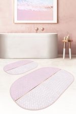 Pembe Beyaz Ogea Dijital Baskılı 2'li Oval Kaymaz Tabanlı Banyo & Mutfak Paspas Takımı Realhomes