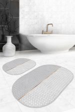 - RealHomes - Realhomes Gri Beyaz Ogea Özel Tasarımlı 2'li Oval Kaymaz Tabanlı Banyo & Mutfak Paspas Takımı Realhomes