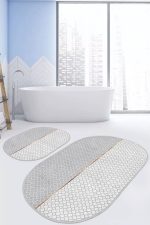 - RealHomes - Realhomes Gri Beyaz Ogea Özel Tasarımlı 2'li Oval Kaymaz Tabanlı Banyo & Mutfak Paspas Takımı Realhomes