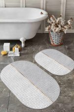 - RealHomes - Realhomes Gri Beyaz Ogea Özel Tasarımlı 2'li Oval Kaymaz Tabanlı Banyo & Mutfak Paspas Takımı Realhomes