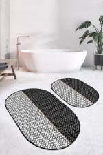 - RealHomes - Realhomes  Siyah Beyaz Ogea Motifli Dijital Baskılı 2'li Oval Kaymaz Tabanlı Banyo & Mutfak Paspas Takımı Realhomes