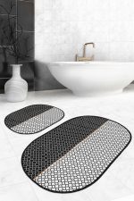 - RealHomes - Realhomes  Siyah Beyaz Ogea Motifli Dijital Baskılı 2'li Oval Kaymaz Tabanlı Banyo & Mutfak Paspas Takımı Realhomes