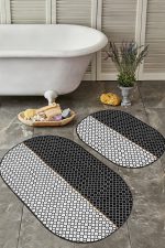 - RealHomes - Realhomes  Siyah Beyaz Ogea Motifli Dijital Baskılı 2'li Oval Kaymaz Tabanlı Banyo & Mutfak Paspas Takımı Realhomes