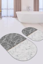 - RealHomes - Realhomes  Siyah Beyaz Mermer Tasarımlı Dijital Baskılı 2'li Oval Kaymaz Tabanlı Banyo & Mutfak Paspas Takımı Realhomes