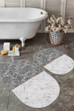 - RealHomes - Realhomes  Siyah Beyaz Mermer Tasarımlı Dijital Baskılı 2'li Oval Kaymaz Tabanlı Banyo & Mutfak Paspas Takımı Realhomes