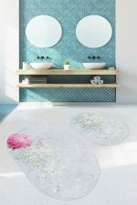 - RealHomes - Realhomes  Mavi Zemin Ortanca Çiçekleri Dijital Baskılı 2'li Oval Kaymaz Tabanlı Banyo & Mutfak Paspas Takımı Realhomes