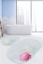 - RealHomes - Realhomes  Mavi Zemin Ortanca Çiçekleri Dijital Baskılı 2'li Oval Kaymaz Tabanlı Banyo & Mutfak Paspas Takımı Realhomes