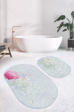 - RealHomes - Realhomes  Mavi Zemin Ortanca Çiçekleri Dijital Baskılı 2'li Oval Kaymaz Tabanlı Banyo & Mutfak Paspas Takımı Realhomes