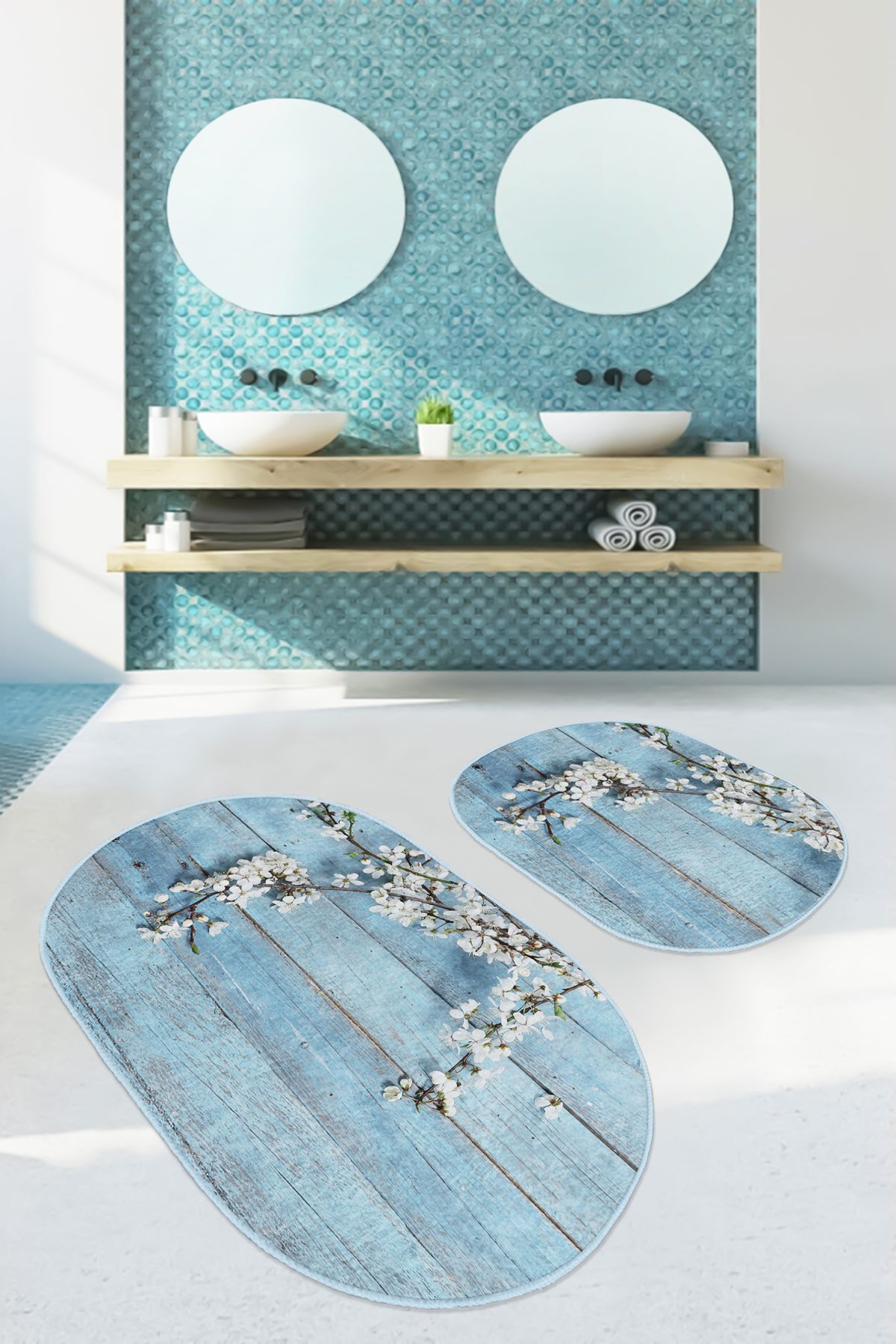 Mavi Ahşap Motifli Çiçek Tasarımlı 2'li Oval Kaymaz Tabanlı Banyo & Mutfak Paspas Takımı Realhomes