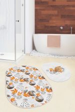 - RealHomes - Realhomes  Mermer Detaylı Sonbahar Yaprakları Dijital Baskılı 2'li Oval Kaymaz Tabanlı Banyo & Mutfak Paspas Takımı Realhomes