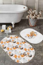 - RealHomes - Realhomes  Mermer Detaylı Sonbahar Yaprakları Dijital Baskılı 2'li Oval Kaymaz Tabanlı Banyo & Mutfak Paspas Takımı Realhomes