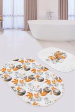 - RealHomes - Realhomes  Mermer Detaylı Sonbahar Yaprakları Dijital Baskılı 2'li Oval Kaymaz Tabanlı Banyo & Mutfak Paspas Takımı Realhomes