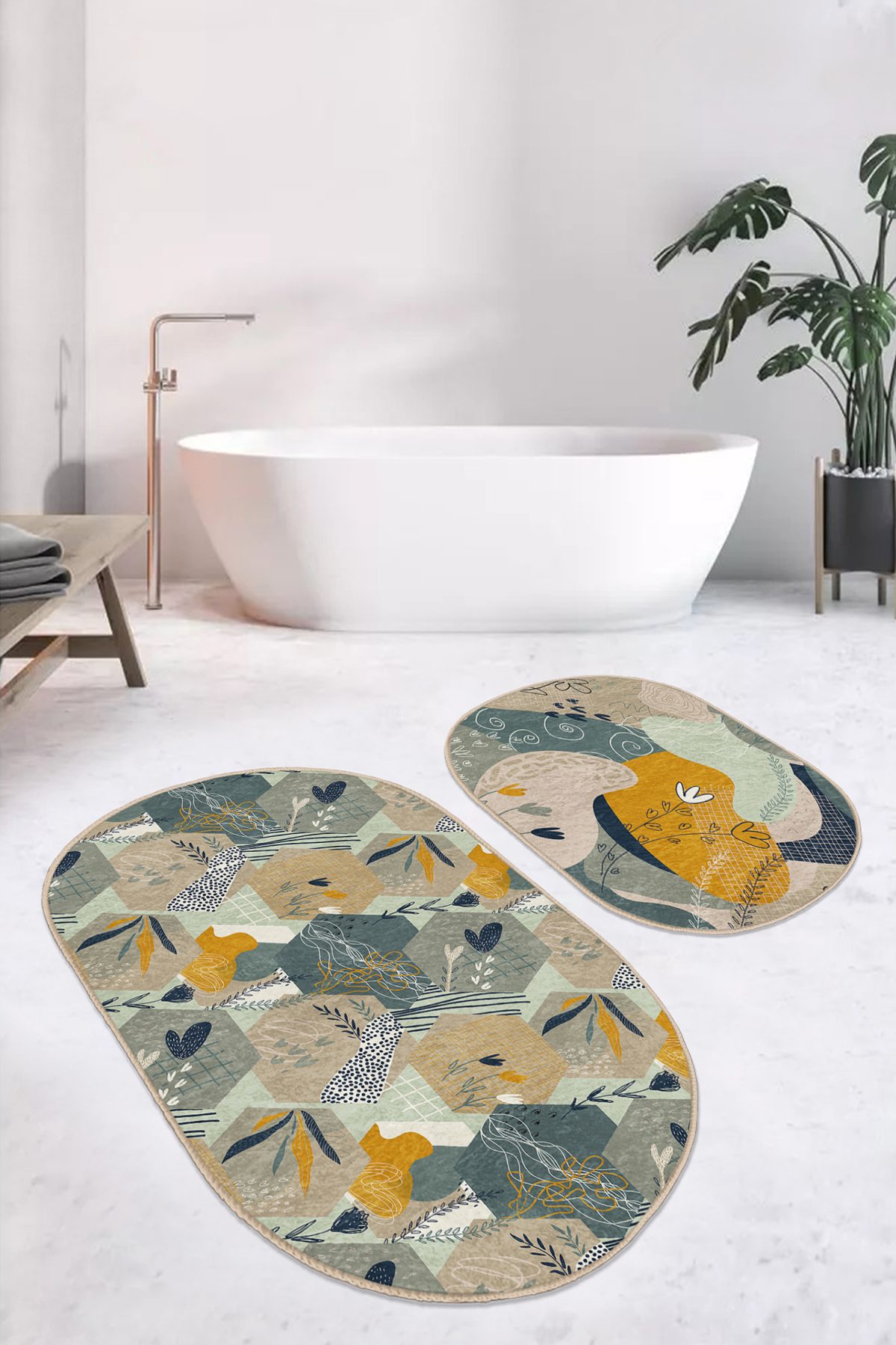Geometrik Şekilli Yaprak Çizimli 2'li Oval Kaymaz Tabanlı Banyo & Mutfak Paspas Takımı Realhomes